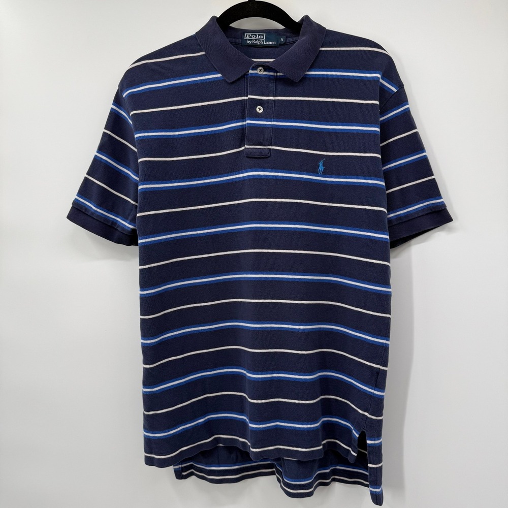 Polo Ralph Lauren Mens Medium Polo Shirt Navy Blue Striped Short Sleeve Pony